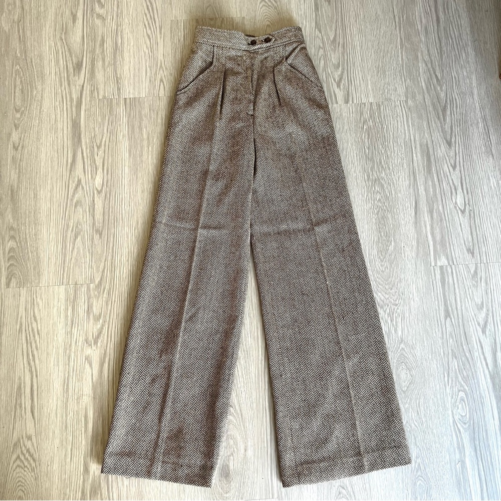 VINTAGE High Rise Wide Leg Wool Blend Trousers Brown Houndstooth Size 7 / 8